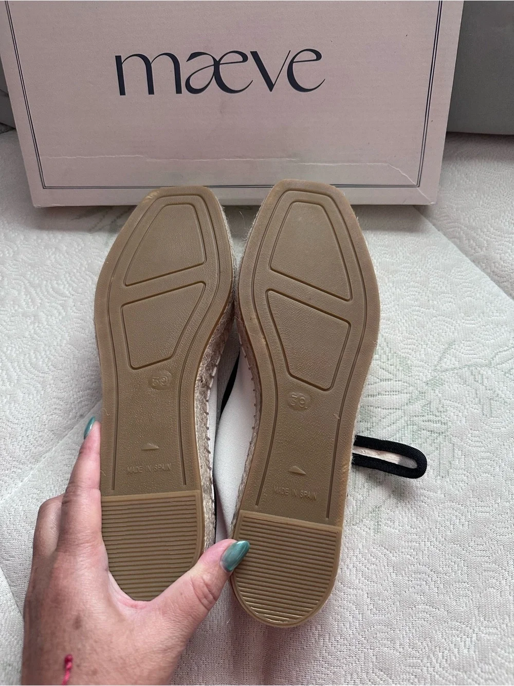 Maeve White Espadrille Mary Jane Flats with Black Trim
